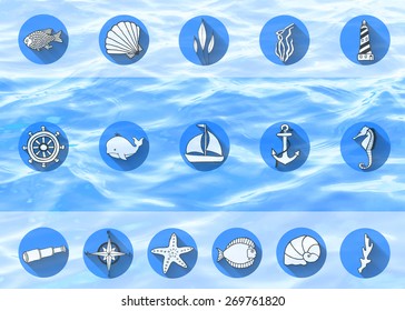 Set of nautical icons with waves background and transparent layuot. A template for website of poster in sea field.