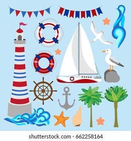 Set of nautical images, fifteen elements for marine design, good for postcards, invitations, business cards, tickets, logo and scrapbook.