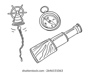 Set of nautical items including ship bell, compass, and spyglass drawn in hand sketched style. Concept of marine exploration, navigation tools, and sea adventure