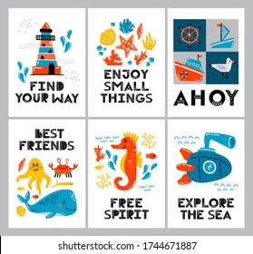 Set of nautical kids posters. Cute vecto illustration, nursery design