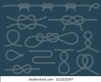 Set of nautical knots. White outline rope. Decorative elements for advertising, flyers, cards on the marine theme. Vector illustration.