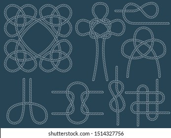 Set of nautical knots. White outline rope. Decorative elements for advertising, flyers, cards on the marine theme. Vector illustration.