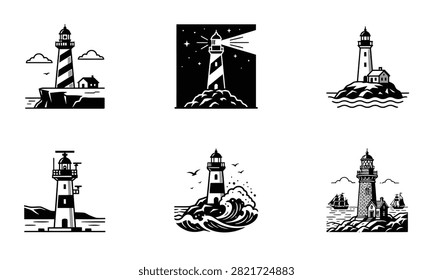 Set of nautical lighthouse icons featuring varied coastal maritime landscapes with buildings waves and ships silhouettes.