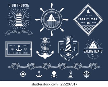 Set of nautical logos, badges and labels on blackboard