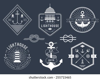 Set of nautical logos, badges and labels on blackboard