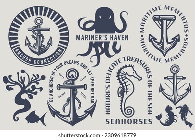 Set of nautical logos, marine badges, maritime and sea ocean style quotes with an anchor, and Stock vector for t-shirt prints.