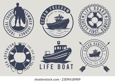 Set of nautical logos, ocean hunter badges, ocean freedom and sea ocean style quotes with a lifeboat, Nautical vintage prints designs set for t-shirts, apparel. Marine logos and badges.