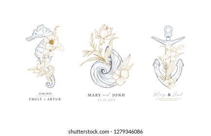 Set of nautical logos. Seahorse, shell and anchor entwined with algae and flowers. Marine logos concept on grunge background. Hand drawn vector illustrations.