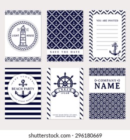 Set of nautical and marine banners and flyers. Elegant card templates in white and navy blue colors. Sea theme. Vector collection. svg