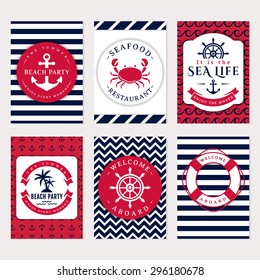 Set of nautical and marine banners and flyers. Elegant card templates in white, navy blue and pink colors. Sea theme. Vector collection. 