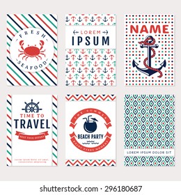 Set of nautical and marine banners and flyers. Card templates in white, blue, turquoise and red colors. Sea theme. Vector collection. 