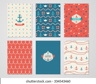 Set of Nautical and Marine Banners and Flyers. Card Template with Sea Symbols and Rope. Ocean Theme. Vector Illustration. 