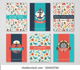 Set of Nautical and Marine Banners and Flyers. Card Template with Flat Sea Symbols. Ocean Theme. Vector Illustration. 