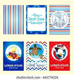 Set of nautical and marine banners and flyers. Card templates in white, navy blue and red colors with place for text. Vector illustration