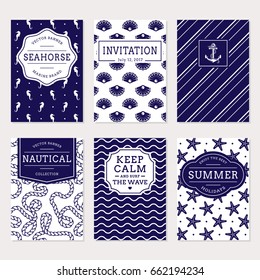 Set of nautical and marine banners, invitations and flyers. Elegant card and labels templates in white and navy blue colors. Sea theme. Vector collection.