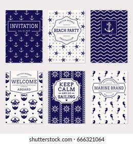 Set of nautical and marine banners, invitations and flyers. Elegant card and labels templates in white and navy blue colors. Sea theme. Vector collection.
