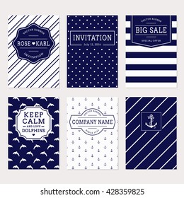 Set of nautical and marine banners and labels. Elegant card templates for sea theme design. Collection in white and navy blue colors. Vector illustration. 