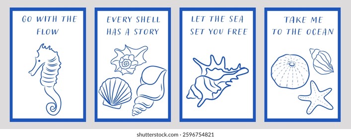 Set of nautical, marine, greeting cards, hand drawn sea shells, sea animals, coral illustration, line drawing sea collection cards, doodle style. Cute underwater creatures, vector line, blue color