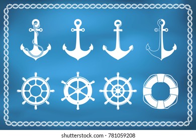 Set of nautical and marine icons - anchors and steering wheels
