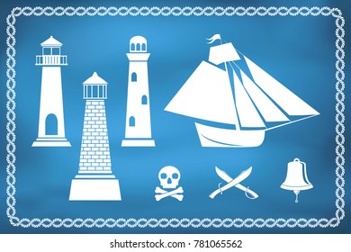 Set of nautical and marine icons - lighthouse, vessel, skull