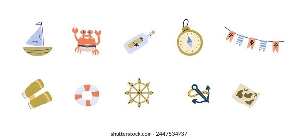 Set of nautical marine items for baby sea summer party. Vector illustration of travel on boat. Nautical equipment and symbols with birthday decoration beacon bunting. 