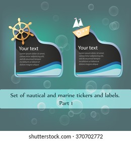 Set of nautical and marine labels, banners.  Vector illustration on the background of water bubbles. Part 1