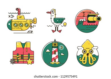 Set of nautical marine line color icon.Marine exotic flat vector design