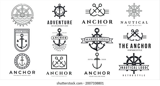 set of nautical or marine logo vector illustration template icon design. bundle collection of various navy logo anchor ship steering wheel line art and vintage style badge and isolated logo