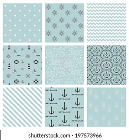 set of nautical or marine seamless patterns with boats, anchors, chains and waves