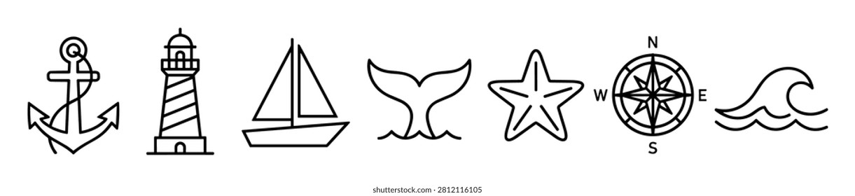 Set of nautical and marine vector icons including anchor, lighthouse, sailboat, whale tail, starfish, compass, and ocean waves on transparent background