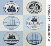 Set of nautical and maritime adventure vector labels.Logotype templates and badges with ships,waves and other design elements. Ocean and sea exploration,marine tourism and cargo transportation symbols