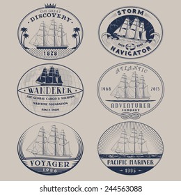 Set of nautical and maritime adventure vector labels.Logotype templates and badges with ships,waves and other design elements.Ocean and sea exploration,marine tourism and cargo transportation symbols