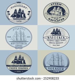 Set of nautical and maritime adventure vector labels.Logotype templates and badges with ships,waves and other design elements. Ocean and sea exploration,marine tourism and cargo transportation symbols