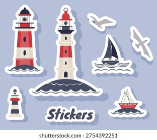 Set of nautical maritime stickers with lighthouse, sailboat, waves and seabirds in flat style. Marine travel elements for summer ocean adventure, navigation theme icons for banners, posters and design.