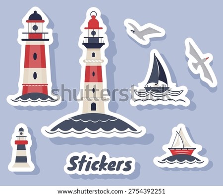 Set of nautical maritime stickers with lighthouse, sailboat, waves and seabirds in flat style. Marine travel elements for summer ocean adventure, navigation theme icons for banners, posters and design.
