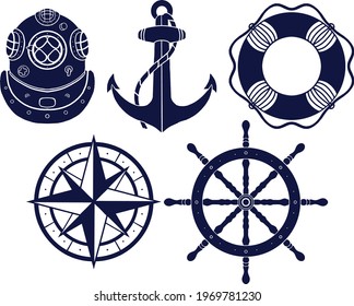 Set of Nautical Naval elements, Anchor, Ship steering Wheel, Retro Diving Helmet, Compass vector hand-drawn illustration