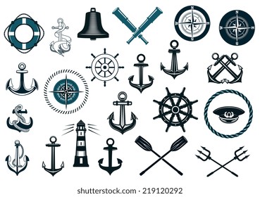 Set of nautical or naval icons with anchor, ship wheel, crossed tridents, lighthouse, bell, compass and spyglass for marine heraldry design