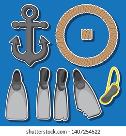 set of nautical objects, anchor rope flippers diving mask. Vector image.eps