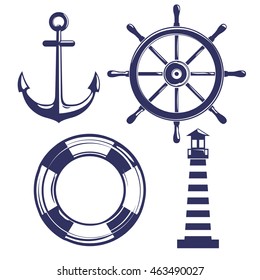 Set of nautical objects: anchor, ship's wheel, lifeline / lifebuoy, lighthouse.