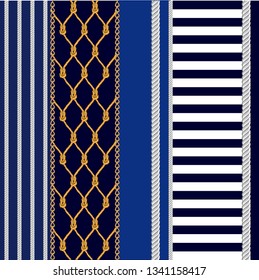 Set of nautical patterns. Ropes, net, stripes on blue background. Marine textile collection.