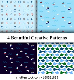 Set of Nautical Patterns with Sailboat, Gull, Steering Wheel and Fish. Vector Illustration