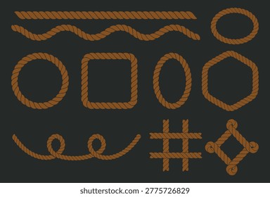 Set of nautical rope border designs frames curves and shapes vintage maritime style cordage twisted rope illustration.