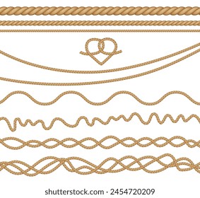 Set of Nautical Rope Borders in Vector Format Isolated on White Background. Collection of vector illustrations of various nautical rope borders in a clean cartoon style. Thin lines and simple knots 