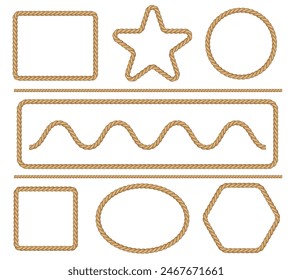 Set of Nautical Rope Borders in Vector Format Isolated on White Background. Collection of vector illustrations of various nautical rope borders in a clean cartoon style. Star circle, wave square rope 