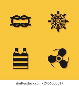 Set Nautical rope knots, Boat propeller, Striped sailor t-shirt and Ship steering wheel icon with long shadow. Vector