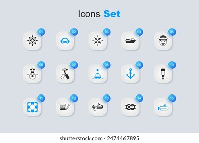 Set Nautical rope knots, Crossed oars or paddles boat, Lifebuoy, Submarine, Spyglass telescope lens, Ship steering wheel and Floating icon. Vector