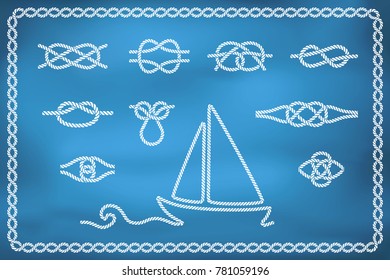 Set of nautical rope knots in different shapes and rope ship