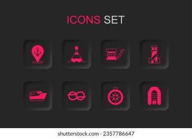 Set Nautical rope knots, Floating buoy, Location with anchor, Compass, Lighthouse, Inflatable boat motor, Marine bollard and Speedboat icon. Vector