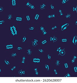 Set Nautical rope knots, Inflatable boat with motor, Lighthouse and Submarine on seamless pattern. Vector
