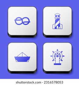 Set Nautical rope knots, Lighthouse, Folded paper boat and Ship steering wheel icon. White square button. Vector